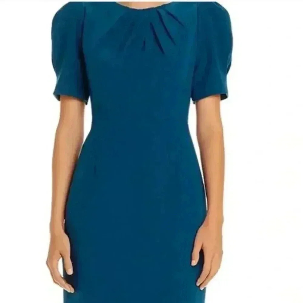 NWT Elie Tahari Delphine Puff-Shoulder Pleat Cocktail Dress Turquoise Blue NYE